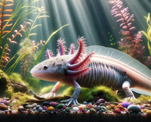 Ein KI-generiertes Bild eines rosa-farbenen Axolotls in einem Aquarium.