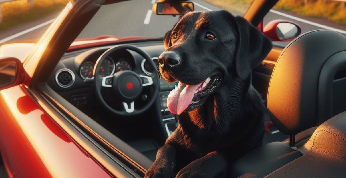 Ein KI-generiertes Bild eines schwarzen Hundes, der auf dem Fahrersitz eines roten Cabriolets sitzt und die Vorderpfoten über die Autotür gelegt hat.