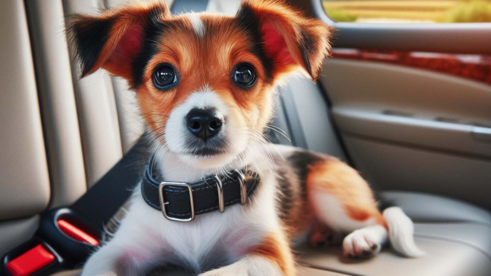 Ein KI-generiertes Bild eines kleinen, braun-weiß-gemusterten Hundes, der auf dem Rücksitz eines Autos liegt.