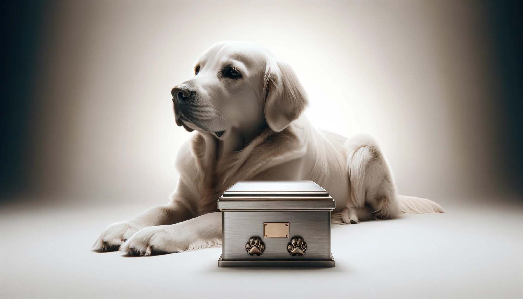 KI-generiertes Bild eines liegenden Golden Retrievers neben einer silberfarbenen Tierurne.