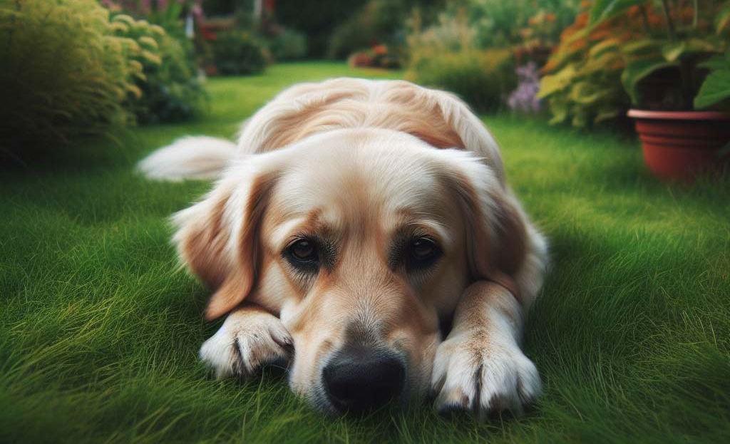 Ein Golden Retriever liegt in einem Garten auf Gras.