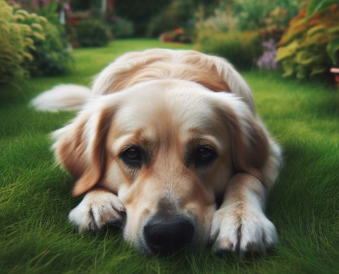 Ein Golden Retriever liegt in einem Garten auf Gras.