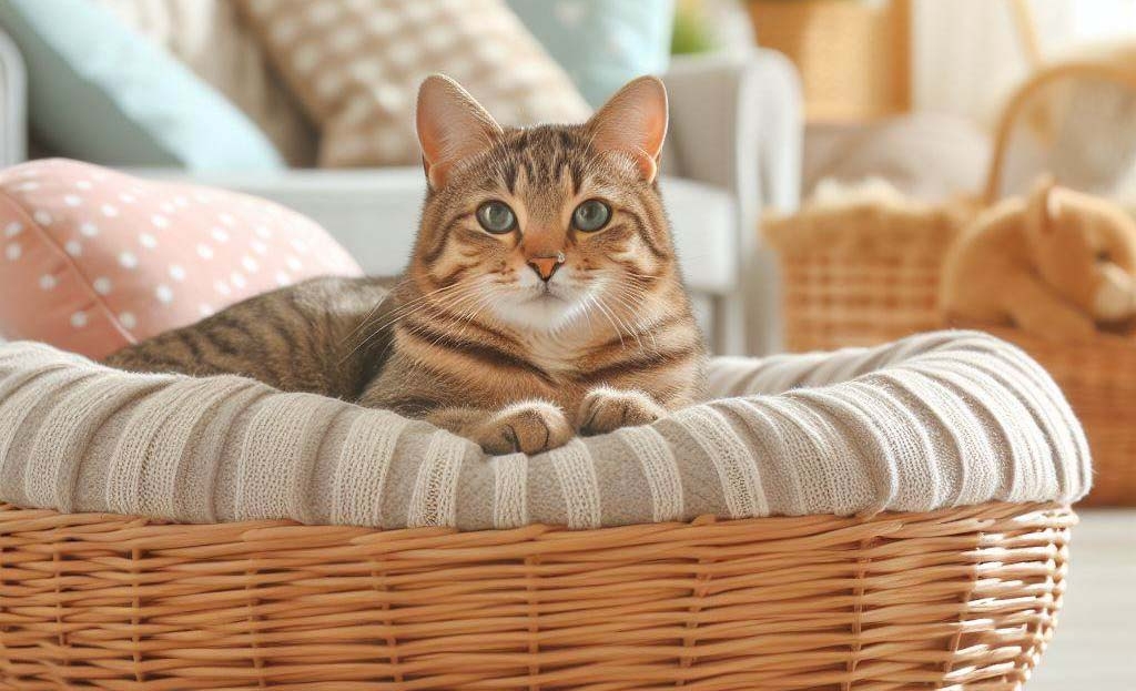 Eine getigerte Katze liegt in einem Katzenkörbchen mit gepolstertem Rand.