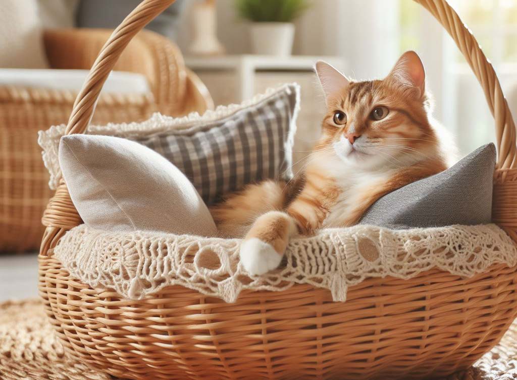 Eine weiß-rote Katze liegt in einem Katzenkörbchen zwischen drei Kissen.