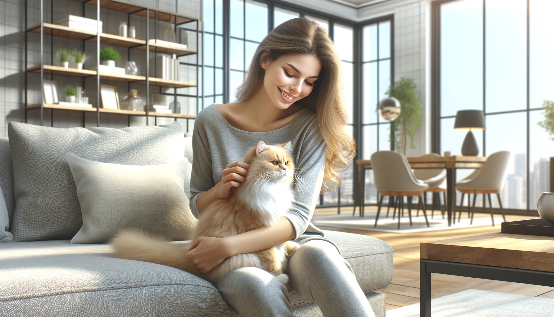 Ein KI-generiertes Bild einer jungen Frau, die eine langfellige Katze auf dem Schoß hält und streichelt.