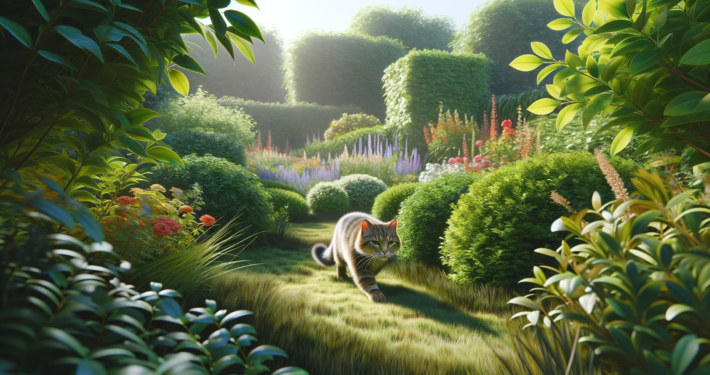 Ein KI-generiertes Bild einer getigerten Katze, die durch einen blühenden Garten mit vielen Sträuchern läuft.