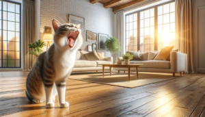 Ein KI-generiertes Bild einer getigerten Katze, die miauend in einem hellen Wohnzimmer sitzt.