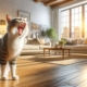 Ein KI-generiertes Bild einer getigerten Katze, die miauend in einem hellen Wohnzimmer sitzt.