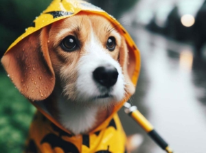 Ein weiß-braun-gemusterter kleiner Hund im gelben Regenmantel.