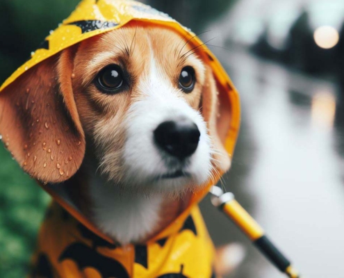 Ein weiß-braun-gemusterter kleiner Hund im gelben Regenmantel.