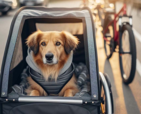 Ein Hund sitzt in einem offenen Fahrradanhänger und schaut heraus.