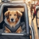 Ein Hund sitzt in einem offenen Fahrradanhänger und schaut heraus.