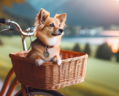 Ein kleiner Hund sitzt in einem Fahrradkorb.