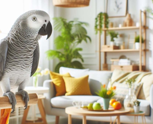 Ein grauer Papagei sitzt auf der Stange eines Freisitzes in einem Wohnzimmer.