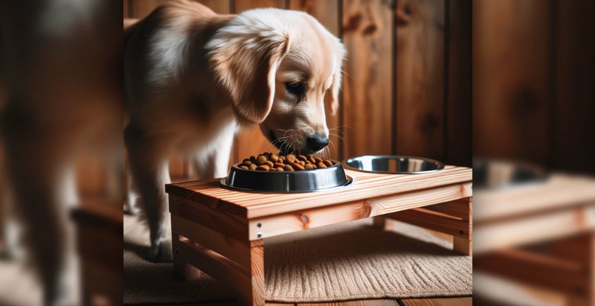 Ein junger Hund steht hinter einer Futterstation und frisst aus einem Napf.