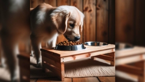 Ein junger Hund steht hinter einer Futterstation und frisst aus einem Napf.