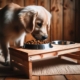 Ein junger Hund steht hinter einer Futterstation und frisst aus einem Napf.