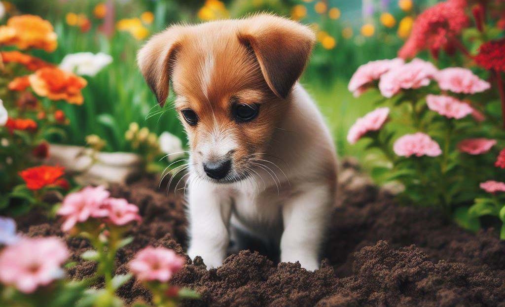 KI-generiertes Bild eines kleinen Hundes, der in einem Blumenbeet ein Loch in die Erde gräbt.