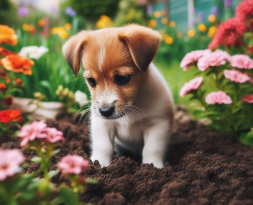KI-generiertes Bild eines kleinen Hundes, der in einem Blumenbeet ein Loch in die Erde gräbt.