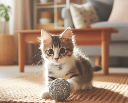 Ein grau-getigertes Kitten spielt in einem Wohnzimmer mit einem Rattanball.