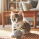 Ein grau-getigertes Kitten spielt in einem Wohnzimmer mit einem Rattanball.