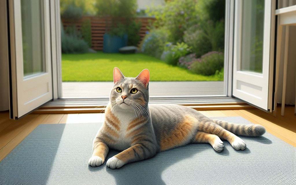 Eine getigerte Katze liegt vor einer offenen Terrassentür auf einer Kühlmatte.