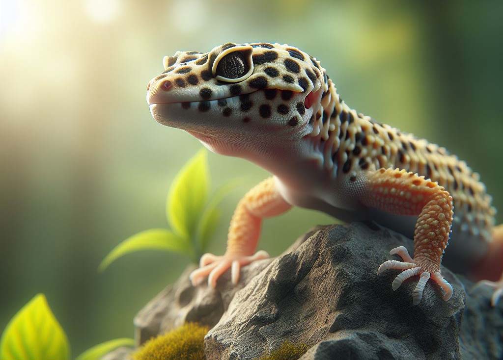 Ein gelber Leopardgecko mit schwarzen Flecken sitzt auf einem Stein.
