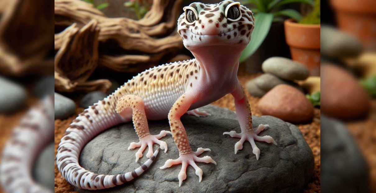 Ein gelber Leopardgecko mit schwarzen Flecken sitzt auf einem Stein in einem Terrarium.