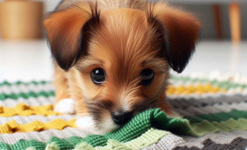 Ein junger Hund schnüffelt an den Falten eines bunten Schnüffelteppichs.