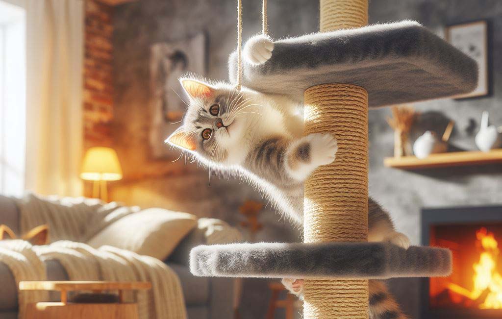 Eine grau-weiße Katze klettert auf einem Kratzbaum. Im Hintergrund ist ein Wohnzimmer zu sehen.