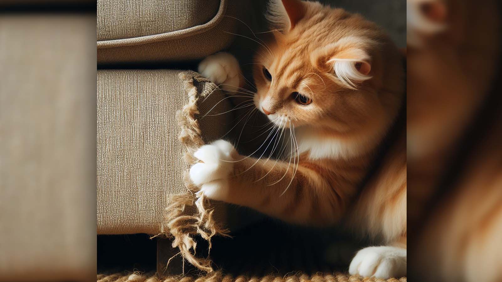 Eine rot-getigerte Katze kratzt die untere Ecke eines Sofas kaputt.