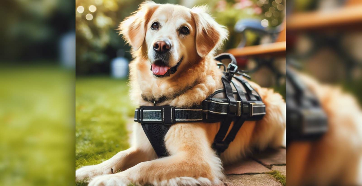 Ein Golden Retriever liegt auf einem gepflasterten Weg. Der Hund trägt ein Tragegeschirr.