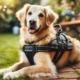 Ein Golden Retriever liegt auf einem gepflasterten Weg. Der Hund trägt ein Tragegeschirr.