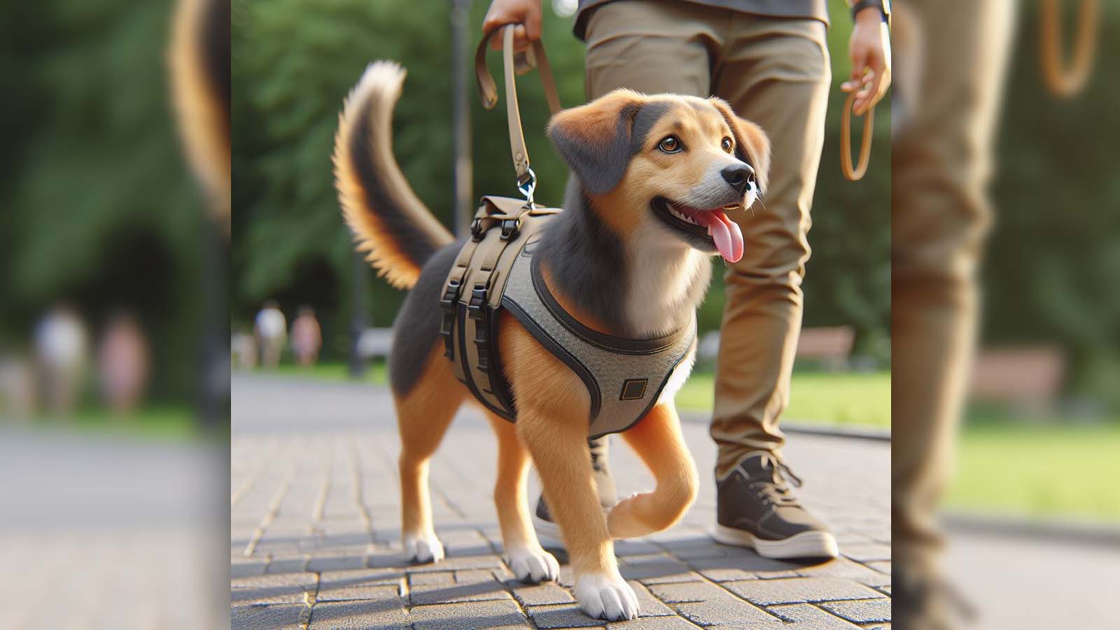 Ein kleiner Hund läuft neben einem Menschen über einen Weg im Freien und trägt eine Tragehilfe.