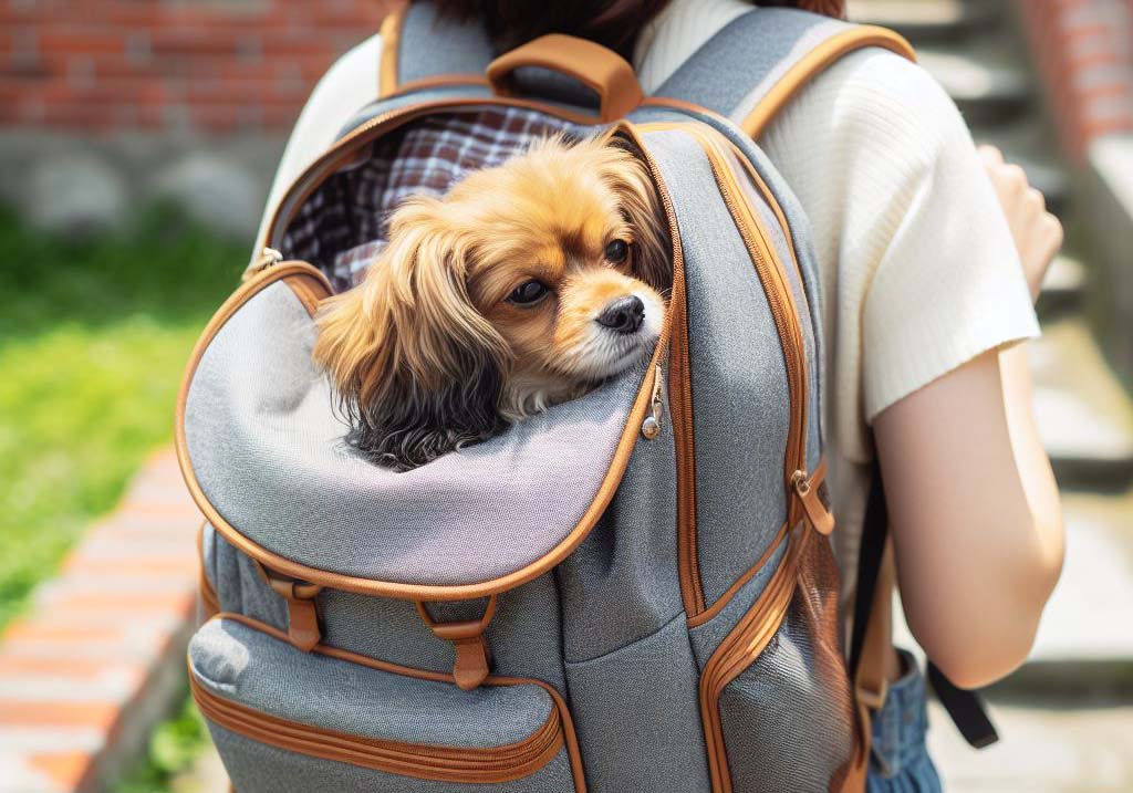Ein hellbrauner kleiner Hund schaut aus einer Tragetasche in Rucksackform.