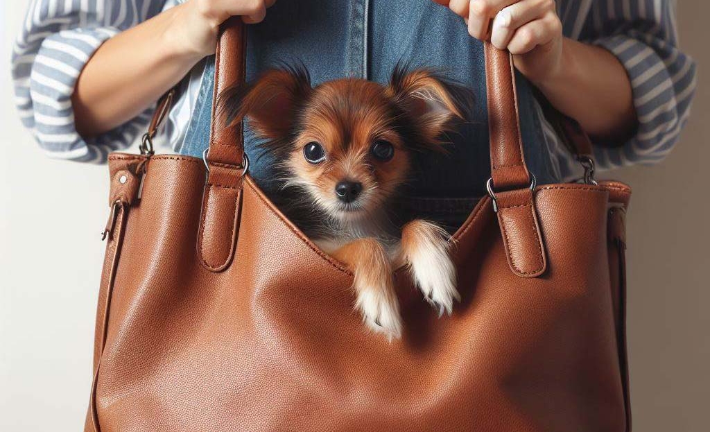Ein weiß-braun-gemusterter kleiner Hund sitzt in einer Tragetasche und lässt die Vorderpfoten über den Taschenrand hängen.