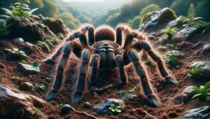 KI-generiertes Bild einer Vogelspinne auf erdigem Untergrund mit Steinen und Blättern.