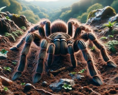 KI-generiertes Bild einer Vogelspinne auf erdigem Untergrund mit Steinen und Blättern.